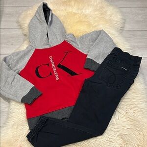 Calvin Klein Red and Gray Hoodie with Black Pants